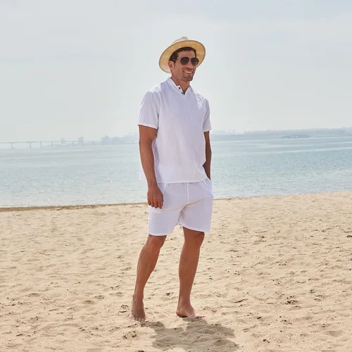 Vista 4 de MANTORS Chándal de verano para hombre, 2 piezas, ropa deportiva casual, camisa y pantalones cortos de manga corta