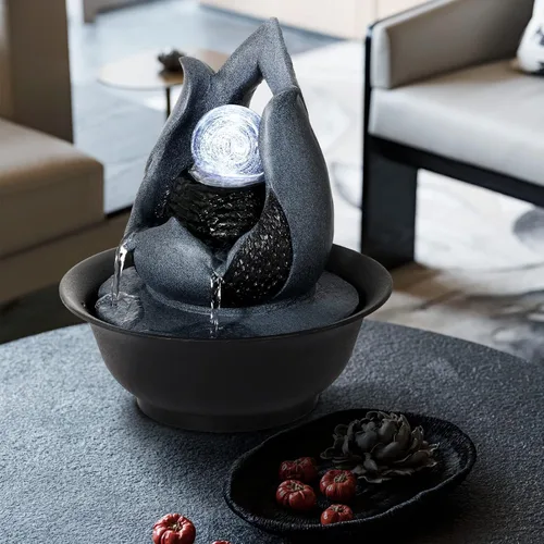 Vista 5 de WICHEMI - Fuentes de mesa de agua interior con bola rodante LED, fuente de agua Feng Shui Zen de meditación para escritorio, cascadas de agua
