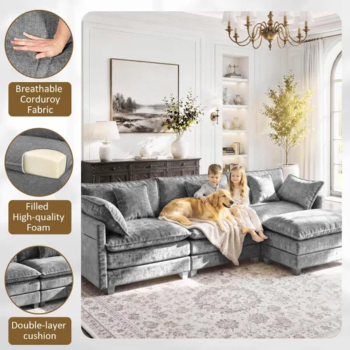 Vista 5 de LEVELEVE Sofá modular en forma de L de 112 pulgadas con 1 otomana, cama convertible de nube de asiento profundo, 3 cojines de 2 brazos, muebles Gris