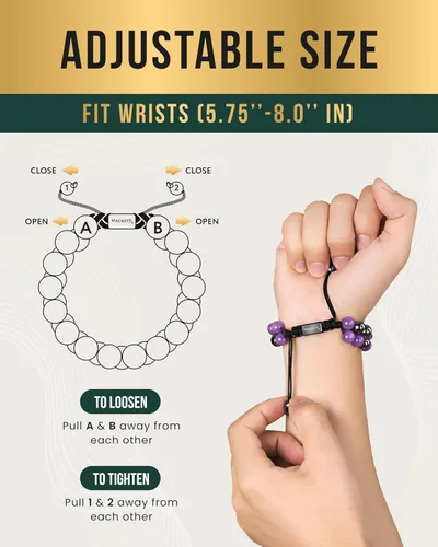Vista 6 de MagnetRX® Pulsera de hematita y amatista, pulseras magnéticas de hematita de máxima fuerza, pulseras de cuentas moradas con cristales de amatista