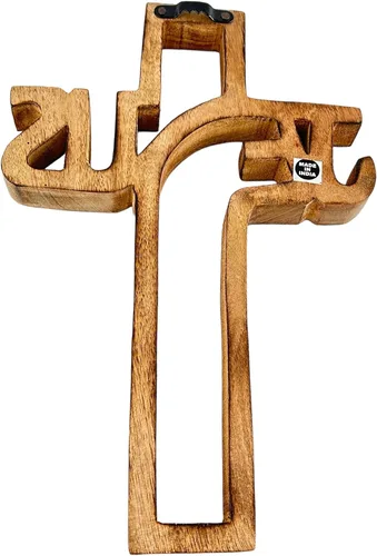 Vista 4 de Crucifijo de pared de madera hecho a mano con tallas a mano, cruz para regalos de bautismo, adorno colgante para decoración de pared e iglesia