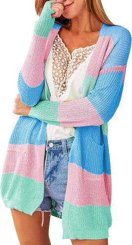 Vista 5 de ECOWISH Suéter largo para mujer, cárdigan de punto a rayas, manga larga 68 Azul