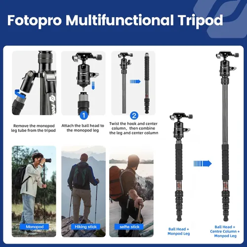 Vista 3 de Fotopro - Trípode de viaje de fibra de carbono de 62", trípode de cámara ligero y compacto con cabeza de bola y placa de liberación rápida