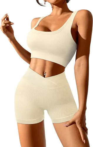 Vista 2 de JZC Conjuntos de entrenamiento para mujer, 2 piezas, acanalados, sin costuras, pantalones cortos de cintura alta, trajes de yoga