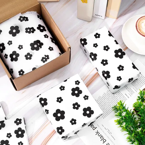 Vista 5 de Whaline 100 hojas de papel de seda bohemio con margaritas color negro y blanco, papel de regalo floral para manualidades, manualidades, flores