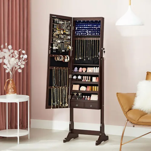 Vista 3 de SONGMICS - Armario de joyería con espejo y con 6luces LED, organizador de joyería de pie con espejo y con cerradura, 2cajones, color marrón UJJC94K