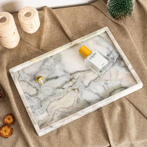 Vista 4 de Koville Bandeja de mármol natural, mesa auxiliar de 12 x 8 pulgadas, bandeja decorativa para joyas, relojes, almacenamiento de velas de perfume