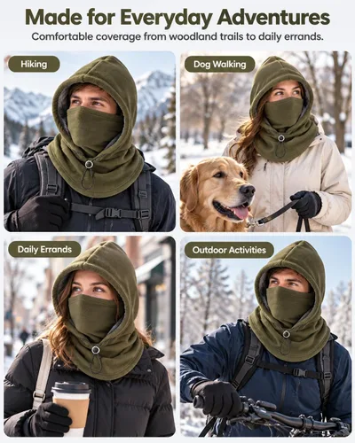 Vista 3 de 3-in-1 Winter Hat, Flannel Balaclava Face Mask with Neck Cover Green