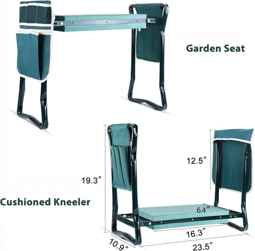 Vista 8 de Banco plegable 2-en-1 para jardín, de la marca Ohuhu, reclinatorio y asiento, incluye 2 bolsas de herramientas, para exterior, Verde