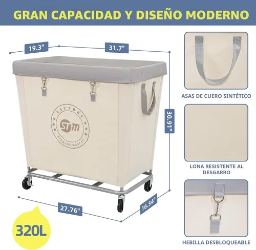 Vista 2 de STORAGE MANIAC Cesto de lavandería comercial con marco de acero resistente, carro de cesta de lavandería industrial de 320 L con ruedas para hotel
