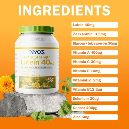 Vista 2 de NYO3 Luteína y zeaxantina de 40 mg con arándano, vitaminas para los ojos y suplemento mineral, multivitaminas para la salud ocular y la visión