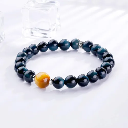 Vista 3 de Pulsera de ojo de tigre para hombres y mujeres, pulsera de cuentas de piedra azul, pulsera de pareja de plata de ley 925, regalo de joyería, Piedra