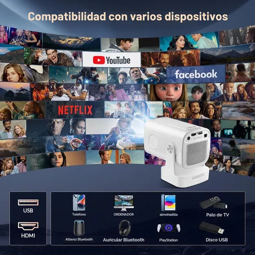 Vista 5 de Proyector Mini Reiie HY260Pro Inteligente con Enfoque Automático y Soporte 4K, WiFi6 + Bluetooth 5.4, 200 ANSI, Altavoz Integrado, Control Remoto