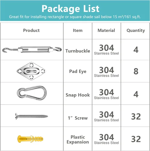 Vista 3 de Kit de accesorios para vela de sombra de 80 piezas, kit de accesorios de sombra de sol de 5 pulgadas de acero inoxidable 304 de grado marino súper