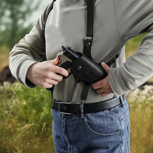 Vista 6 de Funda de hombro general vertical para pistola ajustable de cuero PU para transporte oculto con doble bolsillo para municiones - Compatible