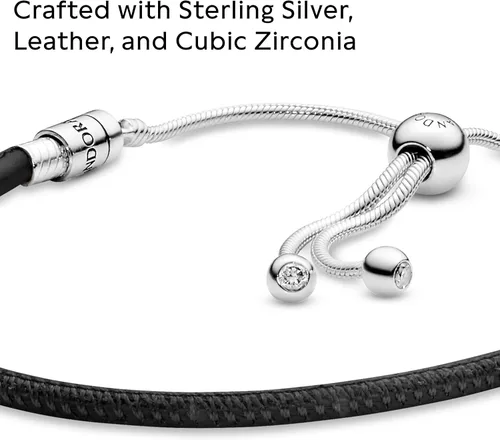 Vista 4 de PANDORA Pulsera doble de cuero con circonitas cúbicas en plata de ley, 11