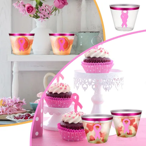 Vista 4 de Gejoy 50 vasos de plástico desechables de 9 onzas para concienciación sobre el cáncer de mama, con borde rosa, vasos desechables para fiestas, copas