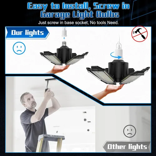 Vista 5 de Luz de Garaje – Bombilla de garaje súper brillante de 15000LM, equivalente a 150 W, rosca E26 con 6 paneles deformables, 6500K, luces LED de taller
