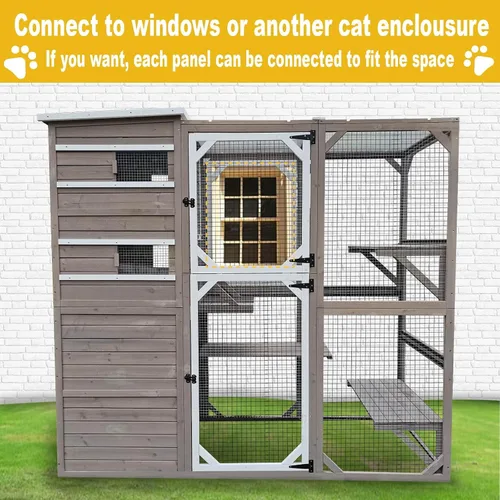 Vista 2 de Gowoodhut Catio grandes recintos para exteriores – Casa de madera para gatos resistente a la intemperie con múltiples plataformas y techo resistente
