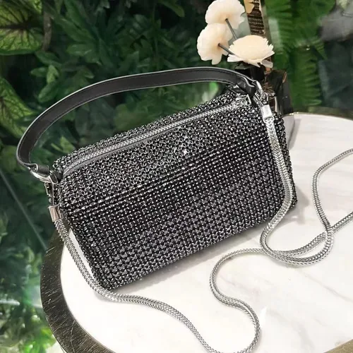 Vista 5 de Bolso de hombro con diamantes de imitación para mujer, bolso cruzado clásico con purpurina, bolso de noche brillante, monedero plateado de diamante