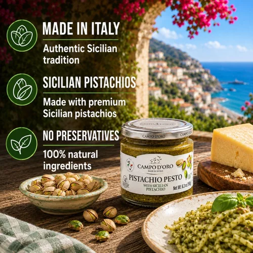 Vista 6 de CAMPO D'ORO - Pesto de pistacho, sin azúcar, pasta, pesto siciliano, 6.35 oz