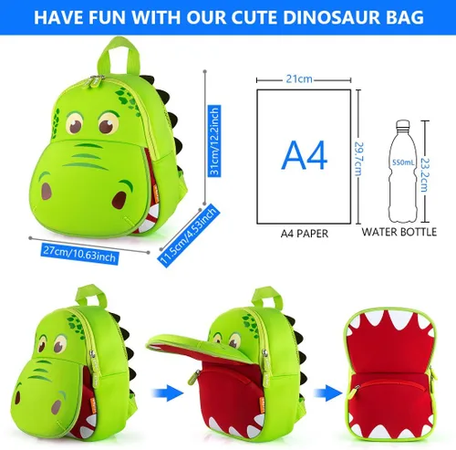 Vista 3 de yisibo Mochila de dinosaurio para niños y niñas, ligera, impermeable, preescolar, viajes, para niños y niñas, para niños de 2 a 7 años