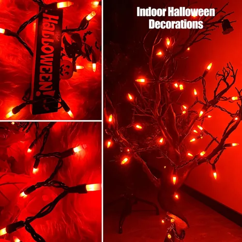Vista 5 de HISHINY - Extensión de luces de Halloween color naranja, 100 luces incandescentes con cable negro, ideal para decoraciones de Halloween