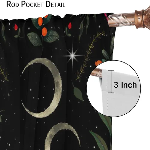 Vista 6 de Cortinas retro de luna, bosque mágico con hojas iluminadas por la luna, cortinas de plantas, diseño gótico floral de cielo estrellado para ventana