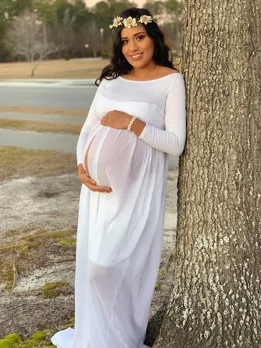 Vista 4 de YnimioAOX Vestido de maternidad de manga larga con hombros descubiertos para fotografía vestido de maternidad de gasa para sesión de fotos