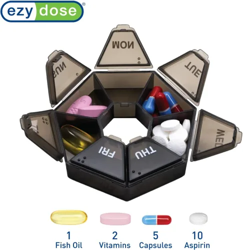 Vista 3 de EZY DOSE Organizador semanal de píldoras de 7 días, contenedor diario de medicinas y planificador de vitaminas, estuche redondo para suplementos