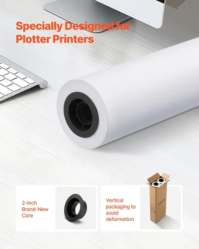 Vista 2 de VEVOR Papel de formato ancho, rollo de plotter de 24 pulgadas x 150 pies, 2 rollos de papel bond CAD con núcleo de 2 pulgadas, rollos de papel bond