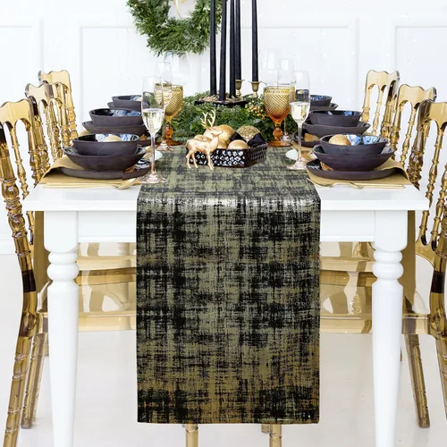 Vista 3 de Caminos de mesa negros y dorados para decoración de Navidad, 72 pulgadas de largo
