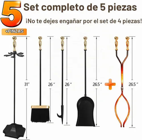 Vista 2 de Juego de herramientas para chimenea de AMAGABELI GARDEN & HOME, 5 piezas, mango dorado, de hierro forjado, con soporte, incluye pinzas, pala