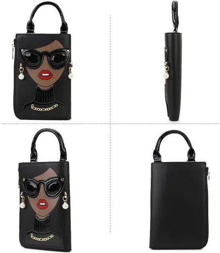 Vista 7 de Bolso de hombro para mujer, novedad con cara de mujer, bolso con asa superior y diseño funky de piel sintética, bolso de mano con asa superior