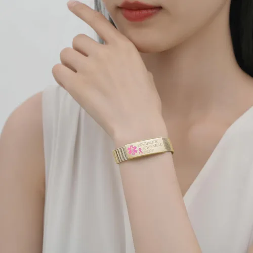 Vista 7 de Pulsera de alerta de linfedema, ajustable, malla de acero inoxidable, sin bp, sin agujas, para mujeres, pulseras médicas de emergencia para cáncer