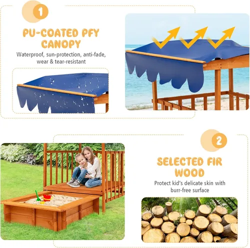 Vista 3 de HONEY JOY Caja de arena 3 en 1 para niños con casa de juegos y toldo, madera de cedro sin fondo para patio trasero con ruedas, barandillas