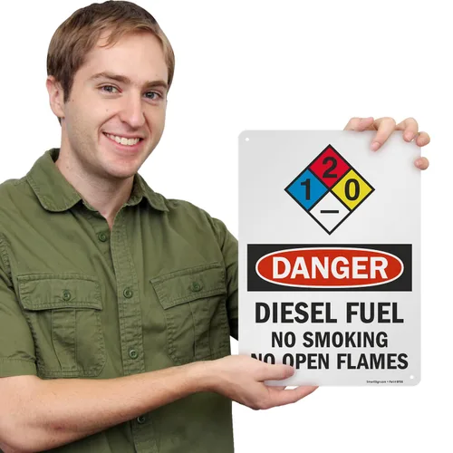 Vista 4 de Señales de seguridad SmartSign. Mensajes: "Danger: Diesel Fuel No Smoking No Open Flames", letras negras o rojas sobre fondo blanco., 1