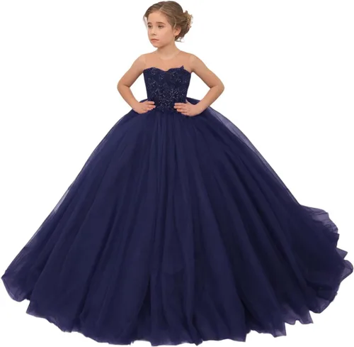 Vista 17 de Precioso vestido de niña de flores de tul para niños de boda con cuentas princesa sin mangas vestidos de baile