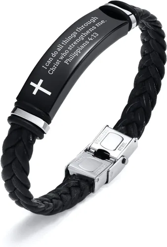 Vista 23 de Pulsera de cuero para hombre, regalo de sobriedad para hombre: cita inspiradora/versículo bíblico grabado, pulsera trenzada negra para hombre