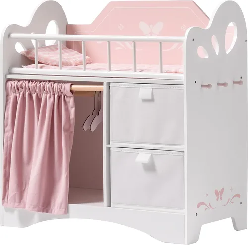Vista 10 de ROBOTIME Cuna de muñeca de bebé, cama de madera para muñecas, cuna de bebé de juguete con almacenamiento, ropa de cama y ganchos de madera, cuna