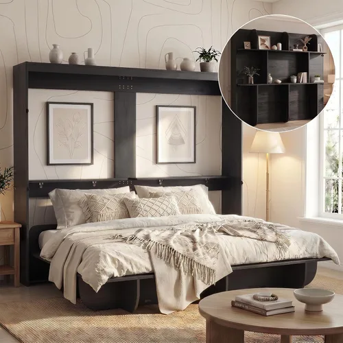 Vista 15 de Mjkone Cama Murphy de pared tamaño Queen con estante de almacenamiento Negro