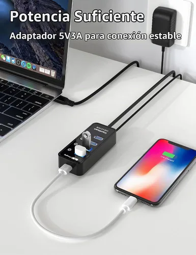 Vista 5 de vantisan Concentrador USB 3.0 alimentado, extensión USB de 4 puertos USB Hub Splitter (4 puertos de datos USB 3.0 + 1 puerto de carga inteligente)