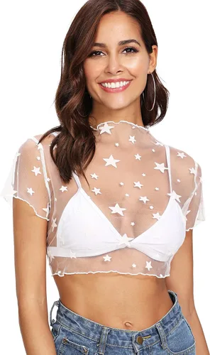 Vista 3 de Floerns Blusa de malla transparente con cuello alto falso para mujer, sin brasier