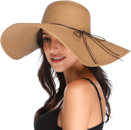 Vista 9 de Lanzom - Sombrero de paja con ala ancha para mujer, plegable, enrollable, de playa, con protección solar UPF 50+ Beige