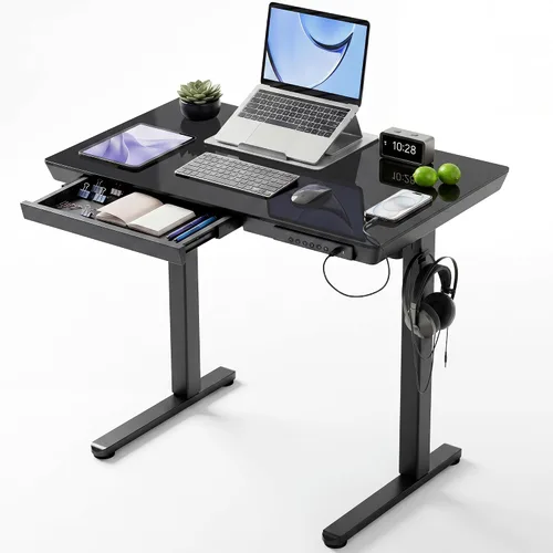 Vista 11 de Claiks Escritorio de pie pequeño de cristal con cajones y puertos USB 32x19 negro