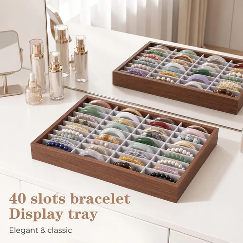 Vista 7 de 40-Slot Wood Velvet Bracelet Organizer Box, Gray Jewelry Display 13.8 x 9.5 x 1.8 inches, Stackable Bracelet Display Tray with Divider, Bangle