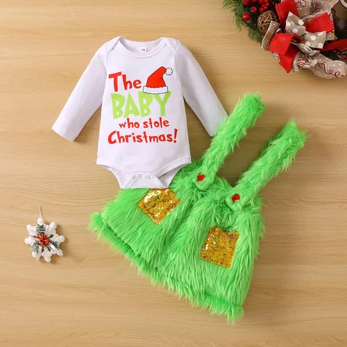 Vista 2 de Zempertoopa Disfraz de bebé niño niña El bebé que robó trajes de Navidad, fiesta de cosplay de Navidad, pantalones de piel verde, conjunto de falda