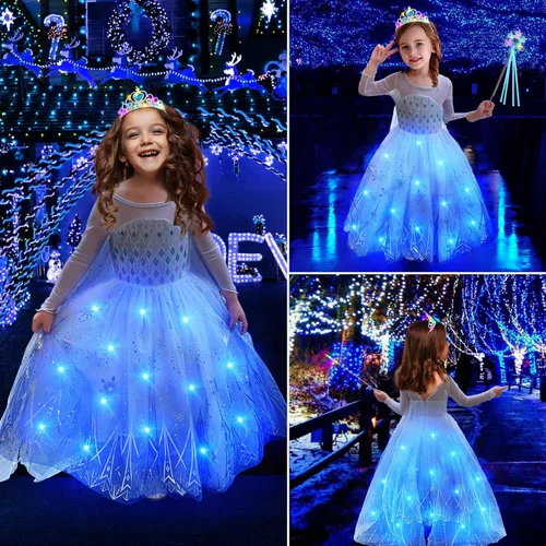 Vista 2 de Latocos Disfraz de Elsa de Frozen iluminado para niñas, ropa de princesa para niñas pequeñas, cumpleaños, Halloween, cosplay