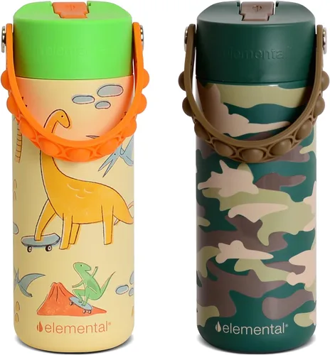 Vista 29 de Elemental Botella de agua aislada para niños, botella de agua de acero inoxidable con tapa de popote y asa Pop-it, botellas de agua a prueba