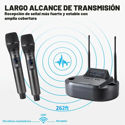 Vista 2 de Sistema de micrófono inalámbrico de mano recargable, micrófonos inalámbricos profesionales duales UHF para karaoke en casa, reuniones, fiestas